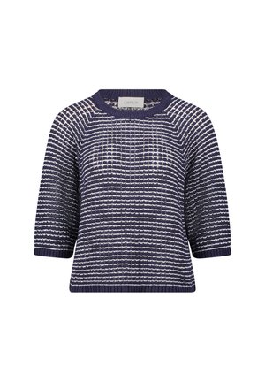 Marineblauer Strickpullover mit weißem Streifenmuster. Verfügt über einen Rundhalsausschnitt und Dreiviertelärmel. Weicher, strukturierter Stoff.