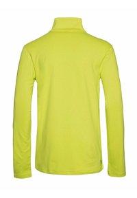 Camisa de manga larga y cuello alto en tejido amarillo brillante. Textura suave, sin patrones, con dobladillo recto y mangas ajustadas.