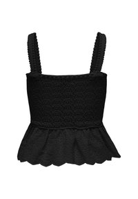 Haut peplum noir avec tissu texturé, dotée de bretelles ajustables et d'un ourlet festonné. Détail avec un motif en dentelle sur toute la surface.