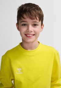 Ljusgul sweatshirt i bomull, med rundad hals och broderad logotyp på bröstet. Slät textur, lös passform.