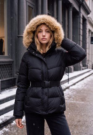 Femme portant une doudoune noire à capuche bordée de fourrure, debout sur un trottoir enneigé en ville avec des bâtiments sombres en arrière-plan.