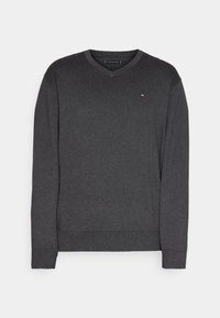 V-Ausschnitt-Pullover aus dunkelgrauem Baumwollmischgewebe, mit einem dezenten Logo auf der Brust, gerippten Bündchen und Saum für eine figurbetonte Passform.