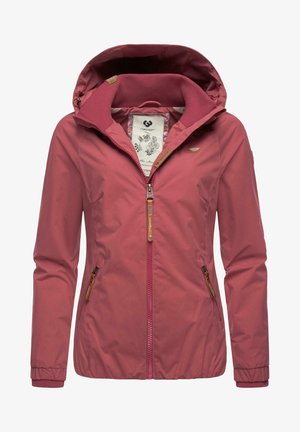 Raspberry pink jacket with a zip closure, hood, and ribbed cuffs. Features zipper pockets and leather accents. Lightweight fabric, smooth texture.