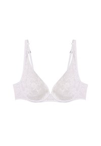 Bílá krajková podprsenka s květinovým vzorem, trojúhelníkové košíčky, nastavitelná ramínka a jemná textura. Obsahuje kosticemi pro podporu.