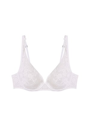 Soutien-gorge en dentelle blanche avec un motif floral, bonnets triangulaires, bretelles réglables et texture douce. Équipé d'une armature pour le soutien.