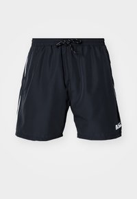 Black swim shorts made of lightweight fabric, featuring a drawstring waist, side pockets, and contrasting white accents with branding.