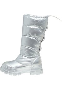 Silver puffy snow boot with a high shaft, textured material, rubber sole, and drawstring closure at the top. Features patterned stitching.