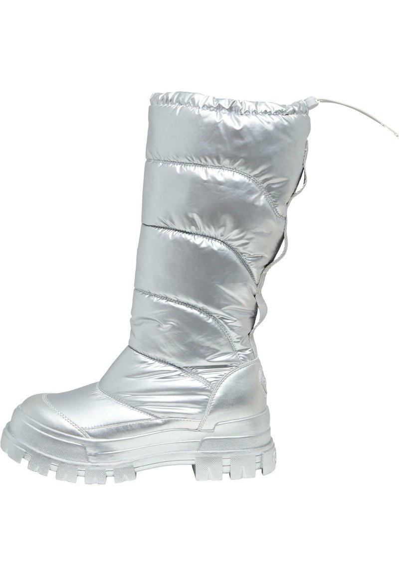 Silver puffy snow boot with a high shaft, textured material, rubber sole, and drawstring closure at the top. Features patterned stitching.