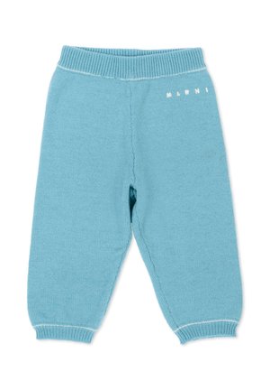 Pantaloni per neonati azzurri chiari lavorati a maglia con vita e polsini elasticizzati, con piccolo testo bianco ""Marni"" nella parte superiore destra.