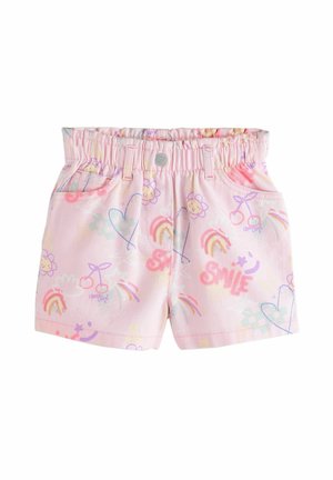 Pink toddler shorts with elastic waist, front pockets, and colorful prints of rainbows, hearts, cherries, flowers, and the word "smile."