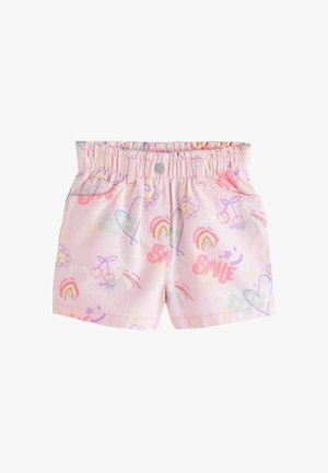 Pink toddler shorts with elastic waist, front pockets, and colorful prints of rainbows, hearts, cherries, flowers, and the word "smile."