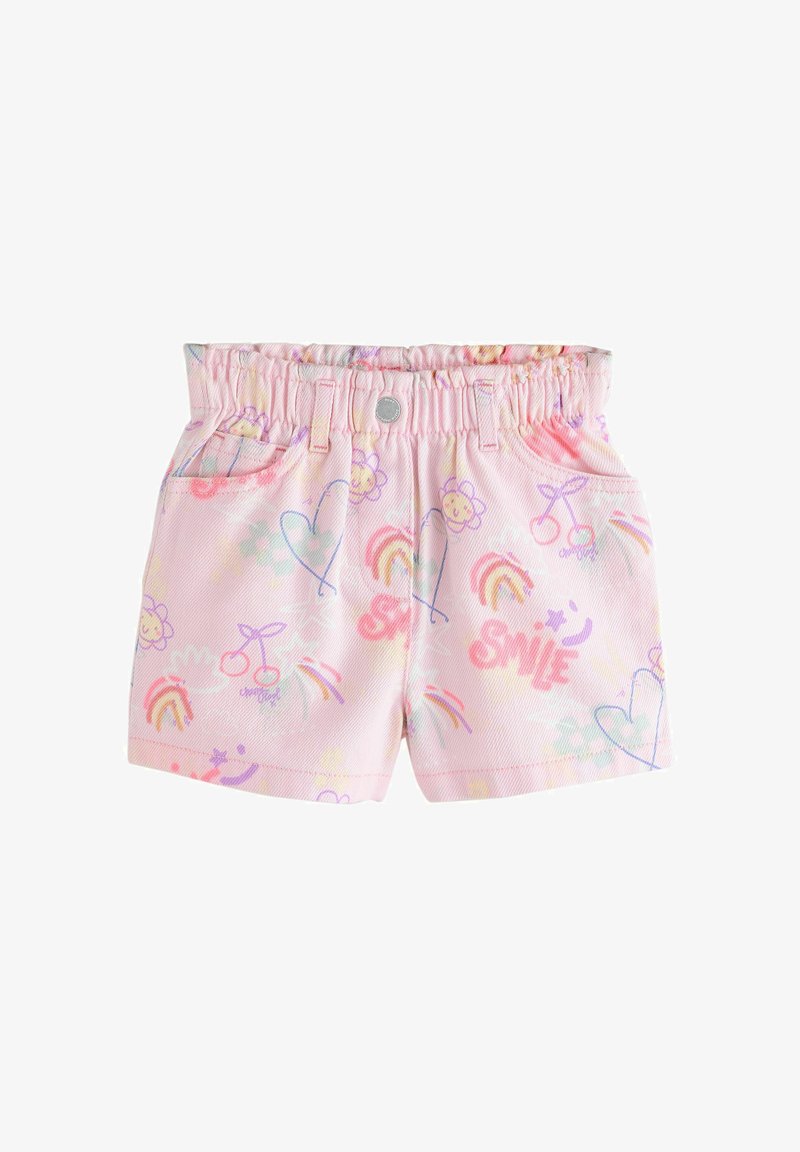 Shorts rose pour tout-petit avec taille élastique, poches avant et motifs colorés de arcs-en-ciel, cœurs, cerises, fleurs et le mot "sourire".