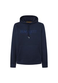 Marineblauwe hoodie met een voorzak, een capuchon met trekkoord en het logo "HACKETT LONDON" in een lichtere blauwe kleur op de borst, gemaakt van zachte stof.