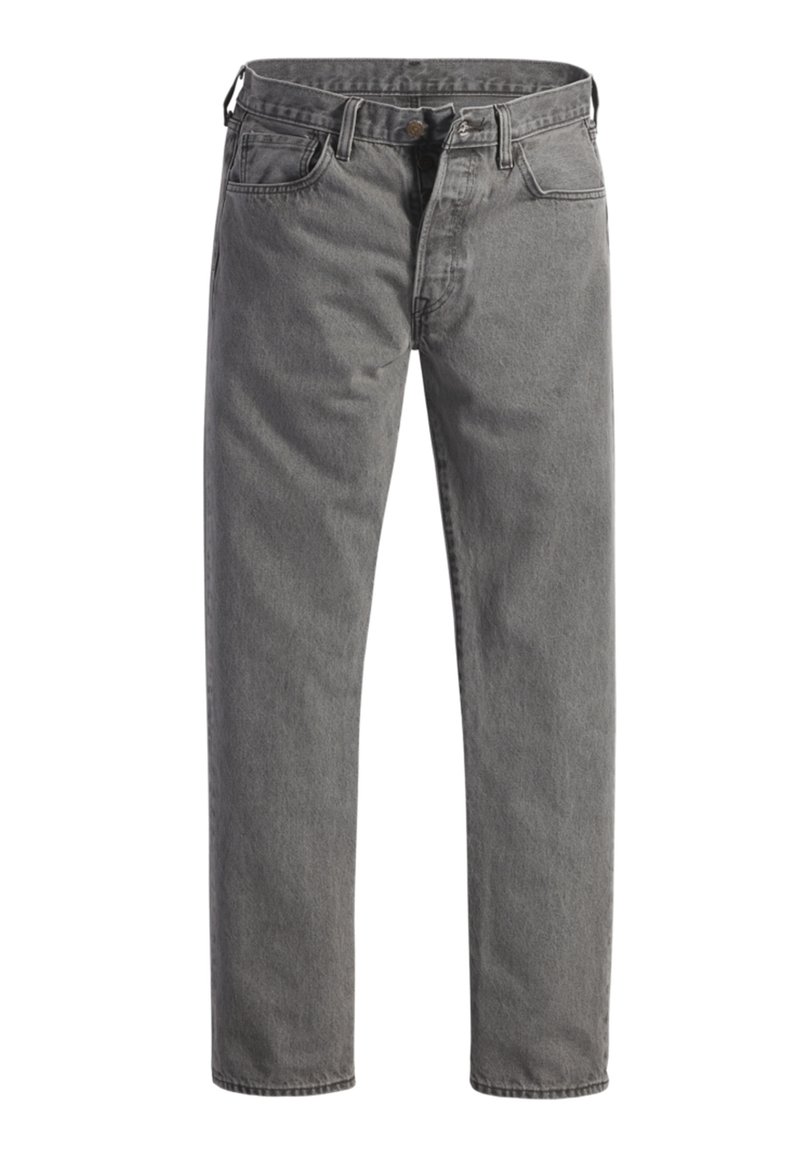 Jean en denim gris avec une coupe droite, fermeture à boutons, cinq poches et une finition légèrement délavée. Taille standard avec passants de ceinture.