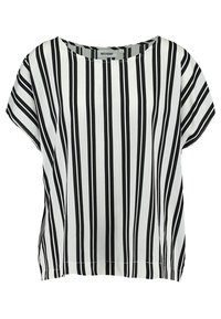 Sort-hvid stribet kortærmet top med rund halsudskæring og løs pasform, lavet af letvægtsstof. Har vandrette striber på siderne.