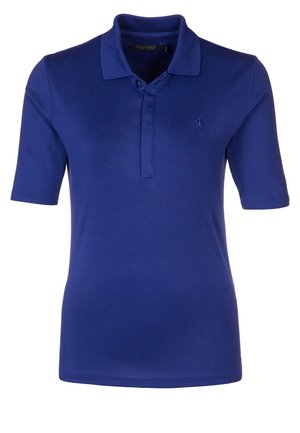 Korte mouwen koningsblauwe poloshirt met kraag, drieknoopssluiting en klein geborduurd logo op de linkerborst. Geen zichtbare patronen.