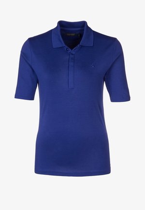 Korte mouwen koningsblauwe poloshirt met kraag, drieknoopssluiting en klein geborduurd logo op de linkerborst. Geen zichtbare patronen.