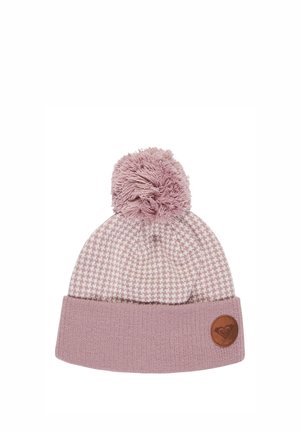 Light pink knitted beanie with a cuff, pom-pom on top, and a small round leather patch featuring a heart logo.