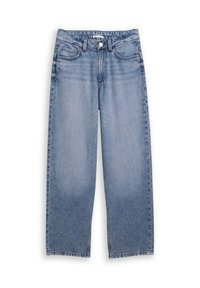 Světle modré džíny z denimu se střihem rovného nohavic, pěti kapsami a zapínáním na knoflík. Měkká textura s viditelnými detaily šití.