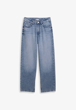 Světle modré džíny z denimu se střihem rovného nohavic, pěti kapsami a zapínáním na knoflík. Měkká textura s viditelnými detaily šití.