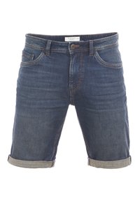 Shorts de mezclilla en azul oscuro, con un dobladillo enrollado, cinco bolsillos y costuras naranjas contrastantes. Cierre con botón estándar en la cintura.