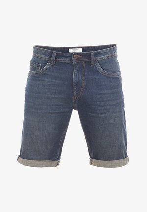 Shorts in denim blu scuro, con orlo arrotolato, cinque tasche e cuciture arancioni a contrasto. Chiusura standard con bottone in vita.