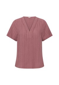 Haut à manches courtes, de couleur rose, avec un col en V et un tissu texturé à côtes. Présente un délicat bord en dentelle le long de l'encolure.