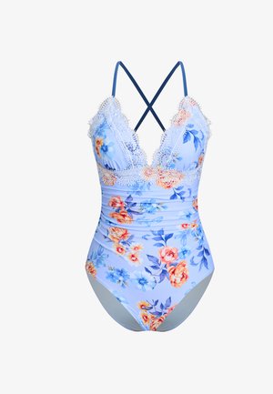 Hellblauer Einteiler-Badeanzug mit orange-blauem Blumenmuster, weißer Spitzenverzierung an den Cups und dünnen marineblauen, sich kreuzenden Trägern am Rücken.