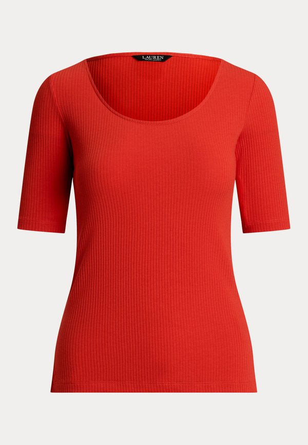 Rib Knit Cotton Blend Elbow Sleeve Tee - Basic T-shirt - bright vermilion4