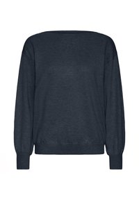 Sötét tengerészkék, hosszú ujjú pulóver bordázott mandzsettákkal és aljjal, kerek nyakkal és laza szabással.