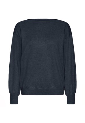 Tamsiai mėlyna ilgo rankovės megztinis su raišteliais rankogaliuose ir apatiniame krašte, apvaliu iškirpimu ir laisvu siluetu.