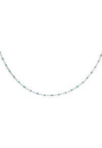 Collana in argento con perline di turchese distribuite equamente, caratterizzata da una superficie liscia e catene delicate. Design semplice e leggero.