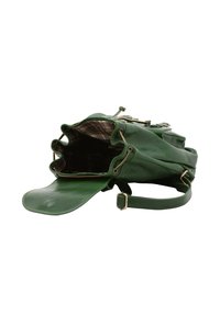 Borsa a tracolla in pelle verde con interno a scacchi, apertura arricciata e chiusura piatta a pattina. Include una tracolla regolabile.