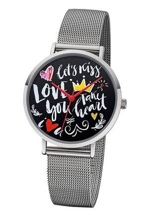 Silver mesh band wristwatch with black face, red hands, decorative text "Let's miss love you take heart," and colorful heart and crown illustrations.
