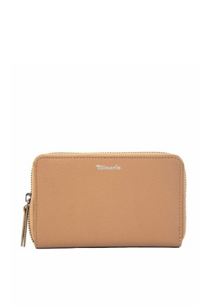 Tan leather wallet with a textured surface, featuring a zip closure and silver logo accent. Rectangular shape with rounded edges.