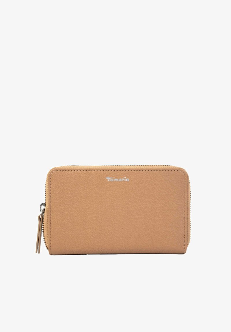 Brązowy skórzany portfel o fakturowej powierzchni, z zamknięciem na zamek błyskawiczny i srebrnym akcentem logo. Prostokątny kształt z zaokrąglonymi krawędziami.