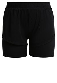 Pantalones cortos deportivos negros con una capa exterior texturizada y un forro interior liso, con una cintura elástica y sin herrajes visibles.