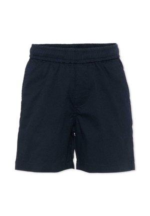 Short bleu marine avec taille élastique, coupe droite et ourlet à mi-genou, en tissu léger.