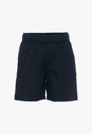 Granatowe spodenki z elastycznym pasem, prostym krojem i długością do kolan, wykonane z lekkiego materiału.