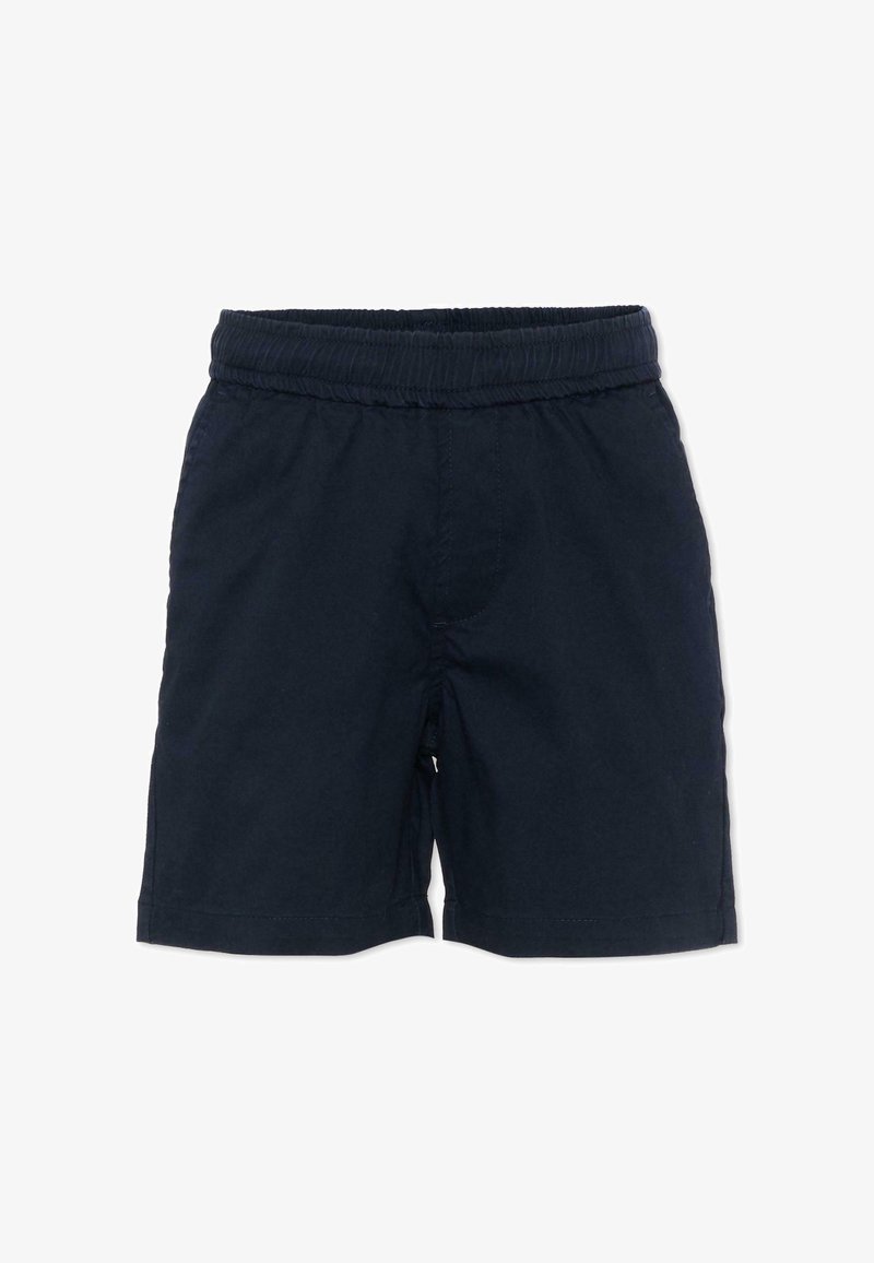 Short bleu marine avec taille élastique, coupe droite et ourlet à mi-genou, en tissu léger.