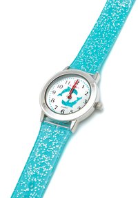 Montre à quartz avec un boîtier en argent, un cadran blanc, un design de dauphin turquoise, une aiguille des secondes rouge, et un bracelet en silicone turquoise scintillant.