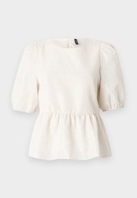 Valge peplum-top, millel on tekstureeritud kangas, lühikesed puffvarrukad, ümmargune kaelus ja taga lukuga avamine. Kogu pinnal on peen laineline muster.