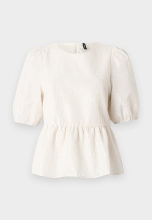 Biała bluzka peplum z teksturowanej tkaniny, krótkimi bufkami, okrągłym dekoltem i zapięciem na sznurek z tyłu. Subtelny falisty wzór na całej powierzchni.