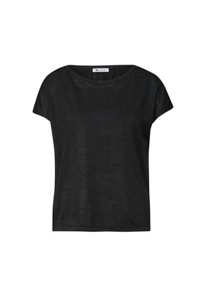 T-shirt noir pour femmes à manches courtes, col rond, coupe ample et tissu léger.