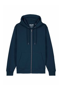Felpa con zip blu navy realizzata in misto cotone, dotata di tasca frontale a marsupio, cappuccio con lacci e polsini e orlo a costine.
