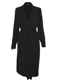 Czarna sukienka kopertowa z długimi rękawami, kołnierzykiem, paskiem w talii i rozcięciami po bokach. Wykonana z miękkiej, teksturowanej tkaniny o gładkim wykończeniu.