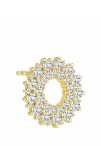 Boucle d'oreille circulaire dorée ornée de cristaux clairs regroupés, dotée d'un centre creux et d'embellissements texturés autour des bords.