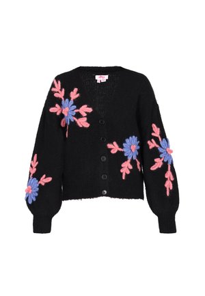 Mustaknit cardiganilla, jossa on syvä V-pääntie, vaaleanpunaisia ja sinisiä kukka-embroiderauksia, edessä napit ja leveät hihat. Materiaali on teksturoitu ja pehmeä.