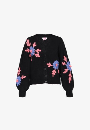 Sort strikket cardigan med dyb V-hals, prydet med broderede pink og blå blomster, frontknapper og brede ærmer. Tekstureret, blødt materiale.