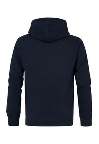 Navyblauer Kapuzenpullover, von hinten gezeigt, mit langen Ärmeln sowie gerippten Bündchen an Ärmeln und Saum.